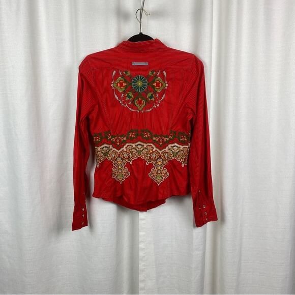 Johnny Was 3J Workshop Orange Embroidered Pearl Snap Blouse Sz.M - Picture 6 of 11